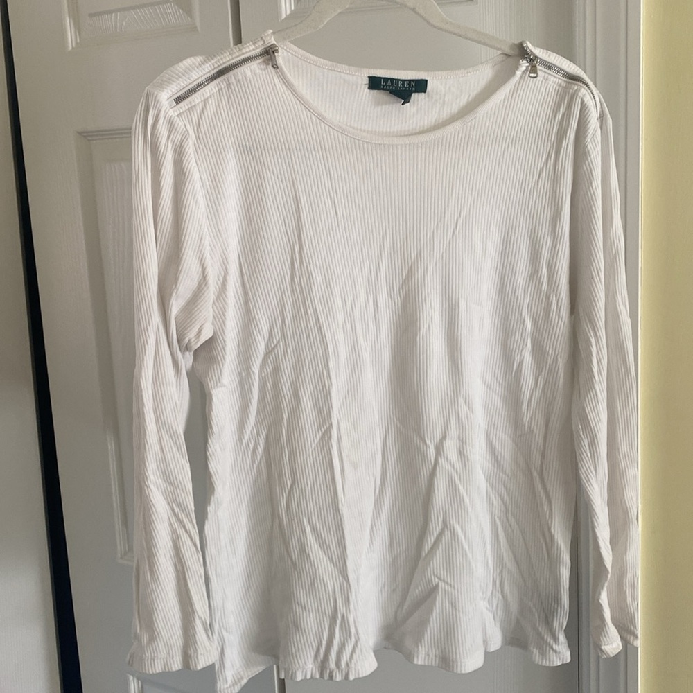 Lauren Ralph Lauren-Ribbed Long Sleeve Top W/Silver Zip Detail, White, Size XL